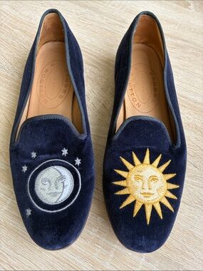 Stubbs & Wootton Navy Velvet Sun and Moon Embroidered Loafers S-W 8